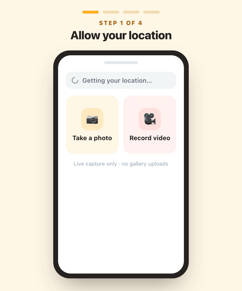 Animation of the four steps: allow location, capture a live photo, pick the violations, and a reviewer checks the report
